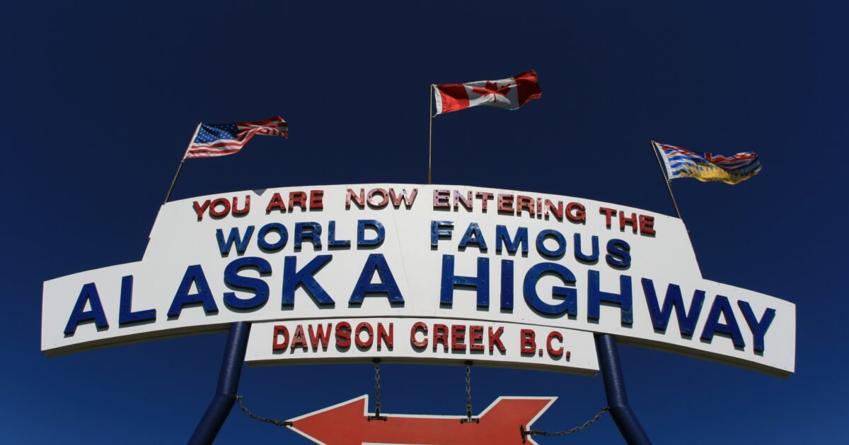 Alaska Highway route sign in Dawson Creek, British Columbia