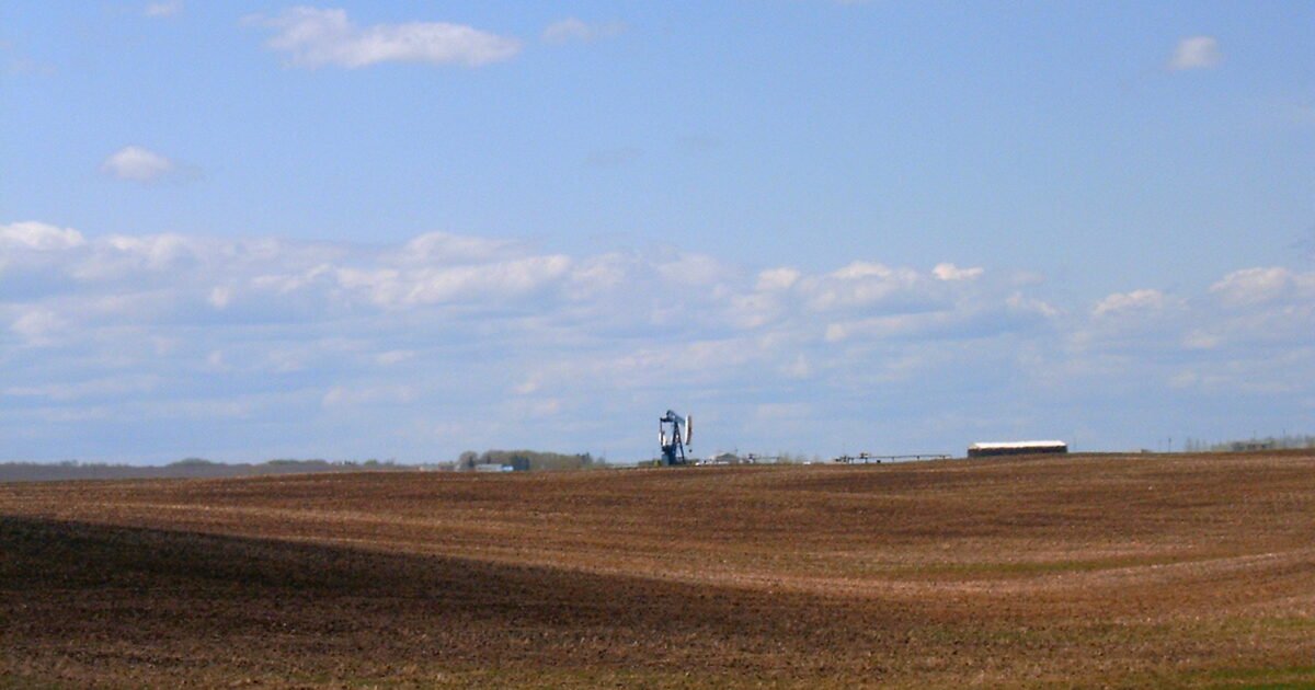 Pumpjack oil well pump in an Alberta field