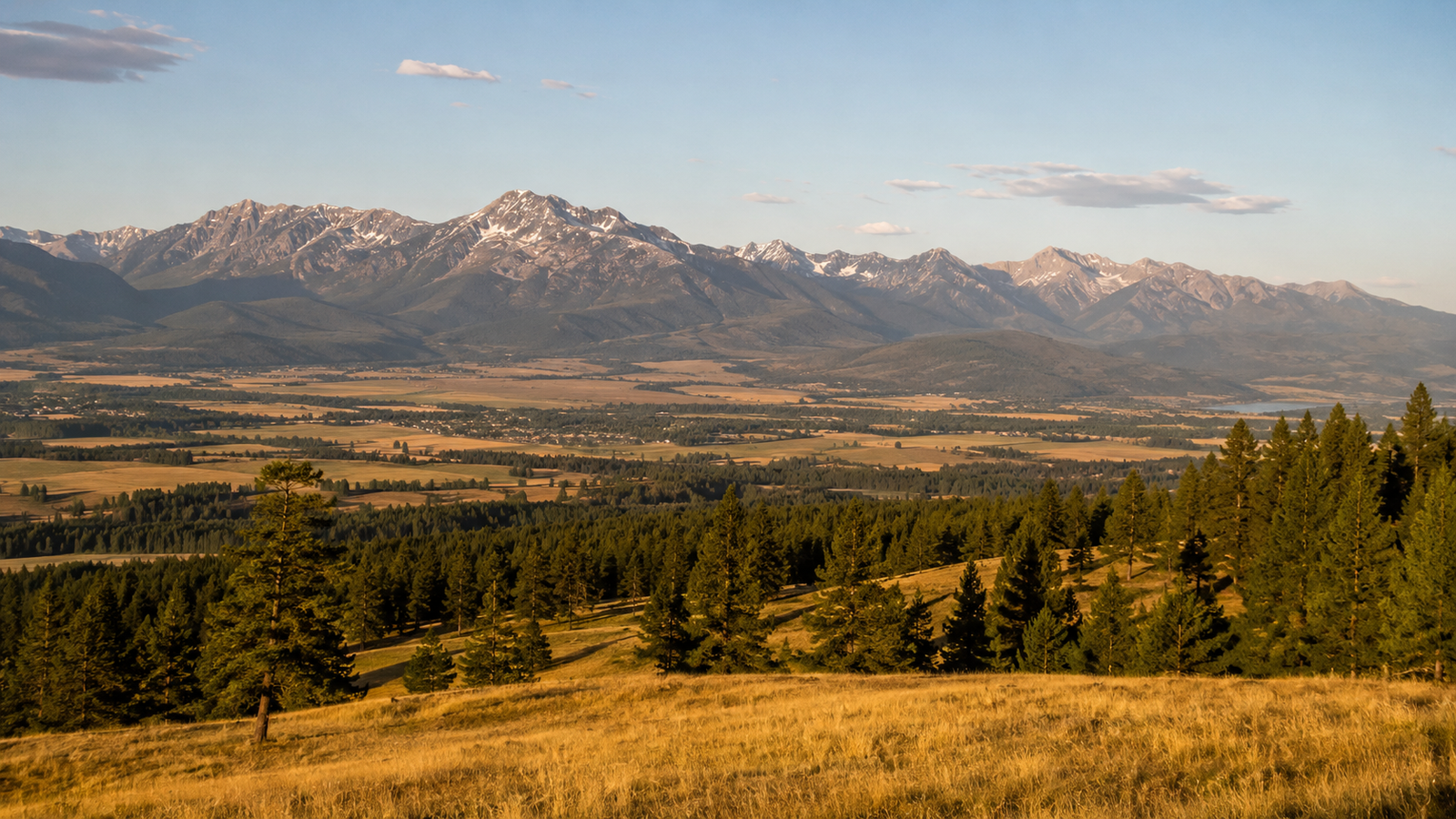 Golden grassland hillside overlooking the Rocky Mountain Trench valley with snow-capped peaks near Cranbrook, BC