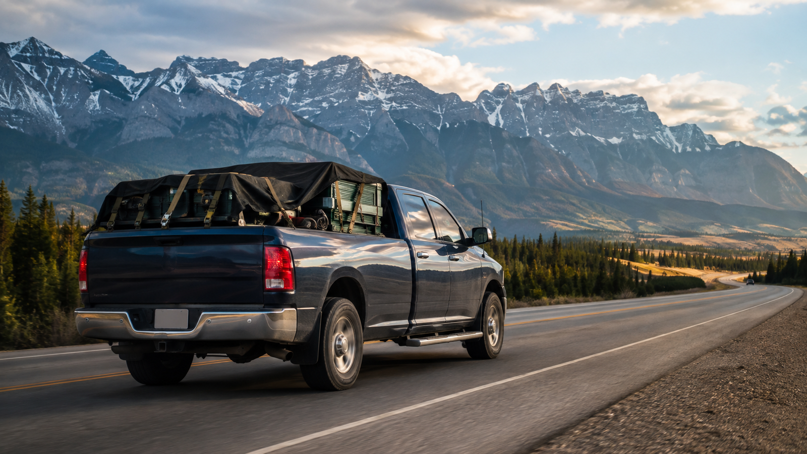Rear view of the Canyon Runner Hotshot delivery truck hauling strapped equipment along a mountain highway near Cranbrook, BC at dusk