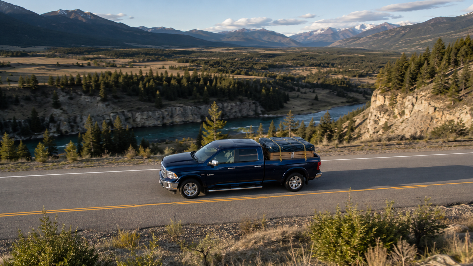 Elevated overhead view of the Canyon Runner Hotshot delivery truck with strapped cargo driving along a river valley road near Cranbrook, BC