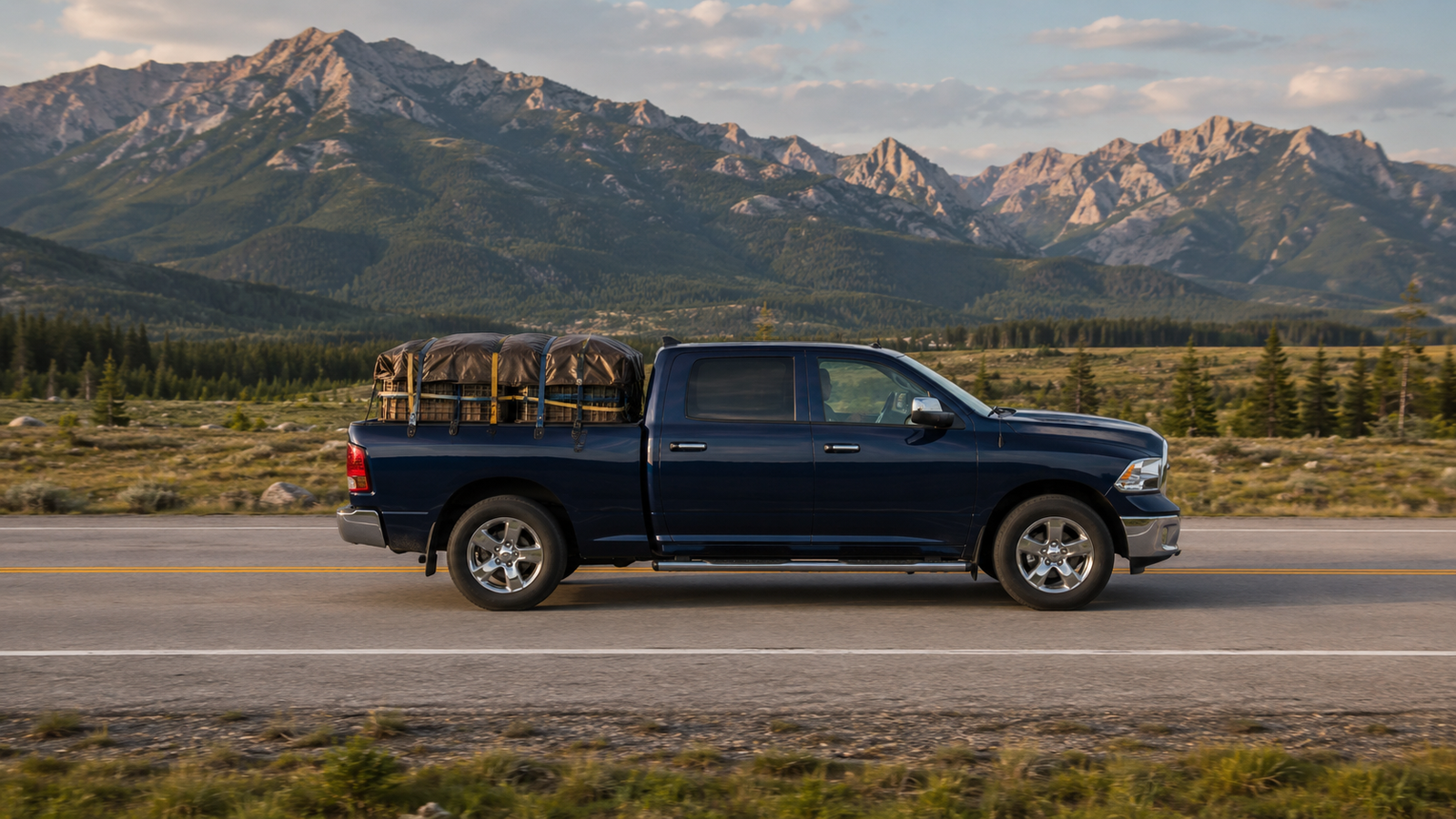 Side profile view of the Canyon Runner Hotshot delivery truck hauling strapped equipment beneath jagged Rocky Mountain peaks near Cranbrook, BC