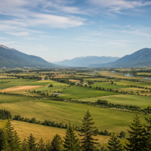 Creston Valley farmland and mountains with the Kootenay River, hero landscape for Canyon Runner Hotshot's Creston hub
