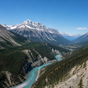 Snow-capped Rocky Mountain peaks rising above a turquoise river valley near Golden, BC