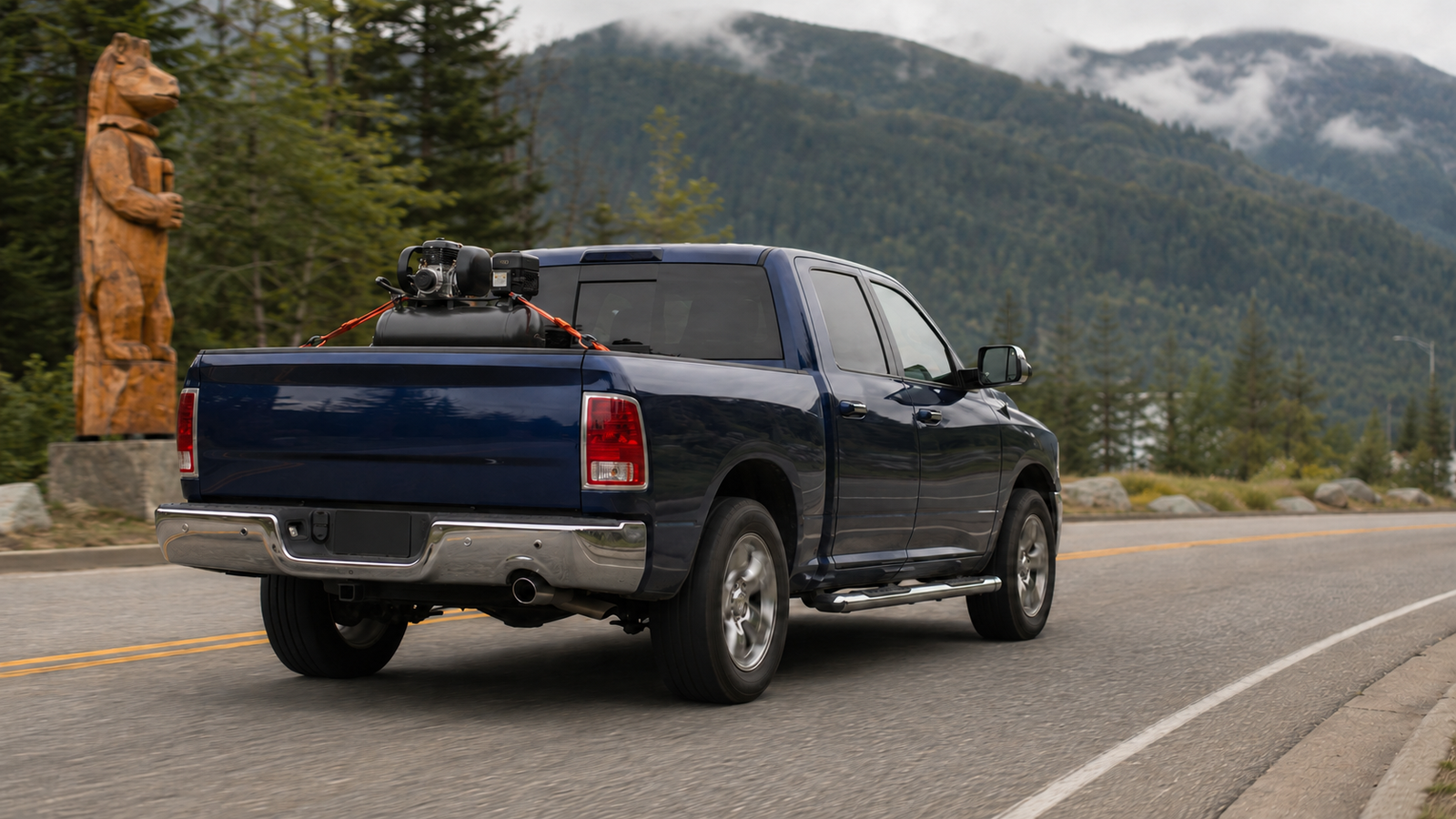 Rear view of a navy blue delivery truck with equipment strapped in the bed, parked beside a large wooden bear chainsaw carving with forested mountains in the background