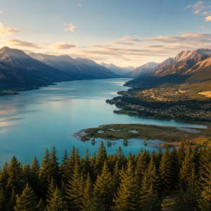 Aerial view over pine forest at golden hour looking down on the turquoise waters of Windermere Lake near Invermere, BC, with the lakeside community visible in the distance
