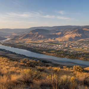 Golden grassland hills overlooking the Thompson River valley and the city of Kamloops, BC