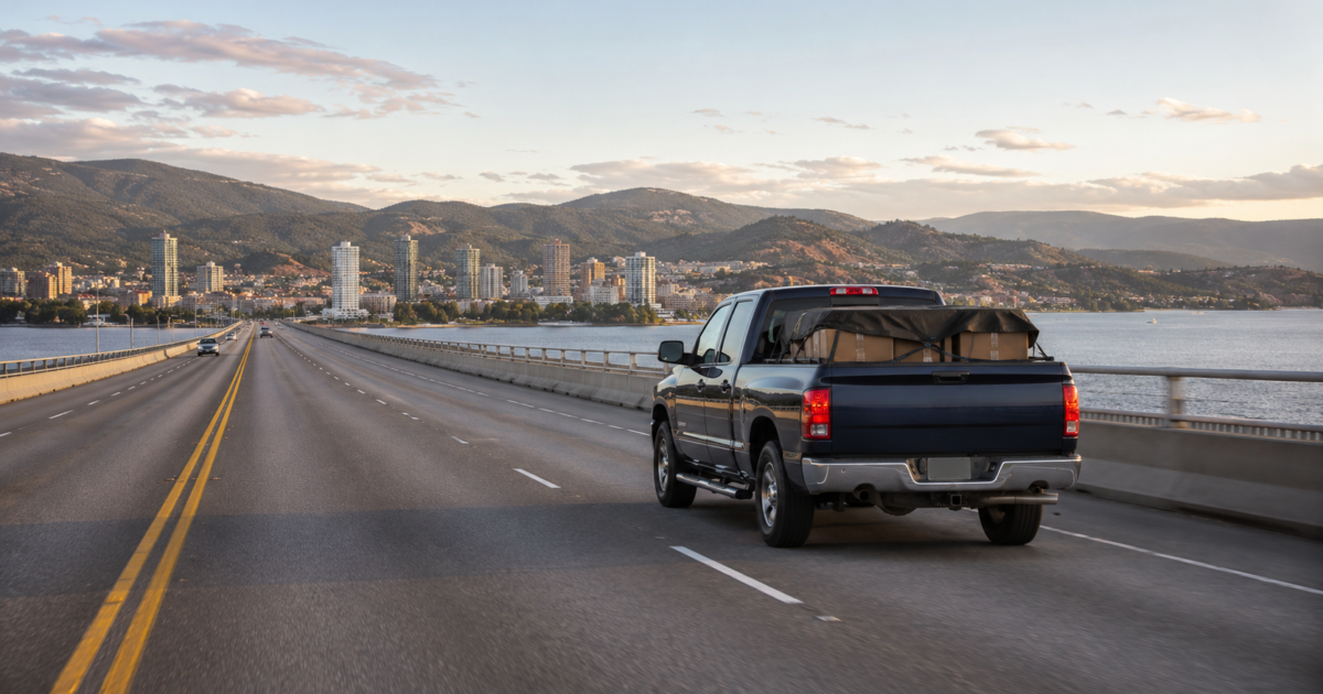Rear view of the Canyon Runner Hotshot delivery truck hauling boxed cargo across a bridge over Okanagan Lake into Kelowna, BC at golden hour