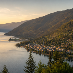 Elevated view over pine trees at sunset looking down on the town of Nelson, BC nestled along the shore of Kootenay Lake, surrounded by forested mountains