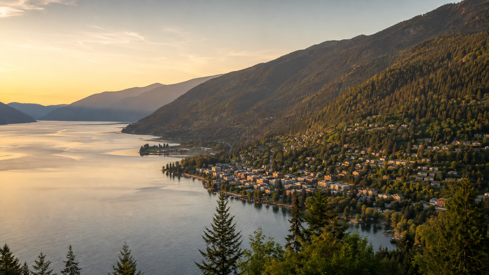 Elevated view over pine trees at sunset looking down on the town of Nelson, BC nestled along the shore of Kootenay Lake, surrounded by forested mountains