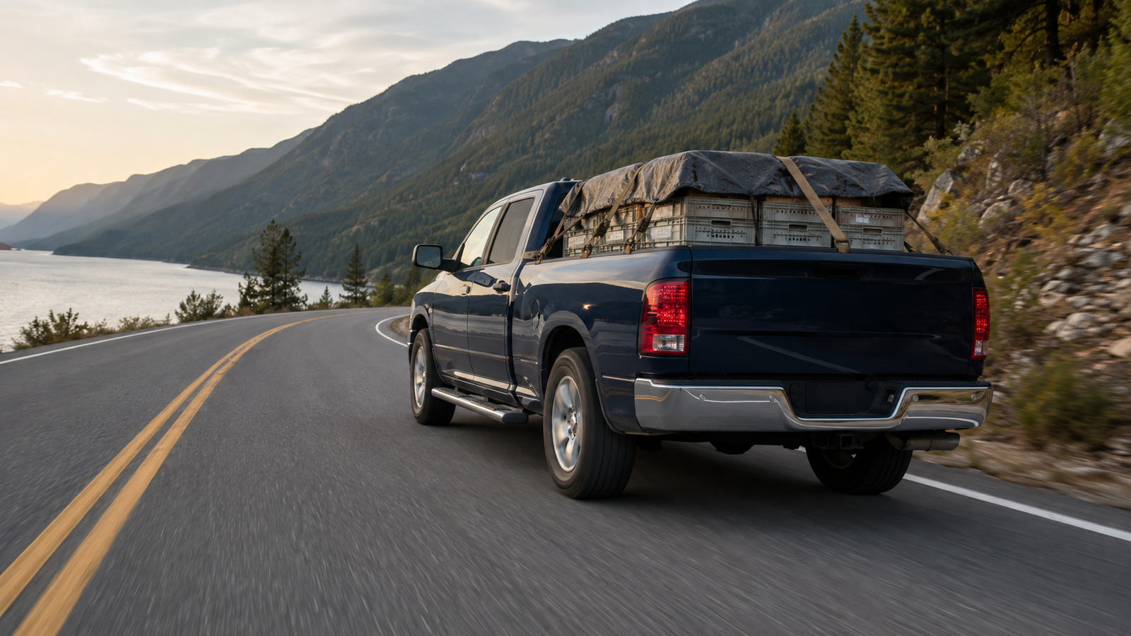 Canyon Runner Hotshot navy blue pickup truck loaded with crates, driving away on a winding mountain road near Nelson, BC