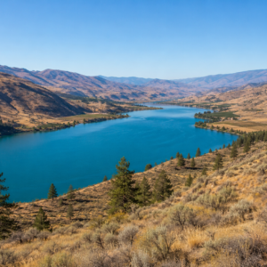 Aerial view of the turquoise waters of Osoyoos Lake winding through arid desert hills and sagebrush near Osoyoos, BC