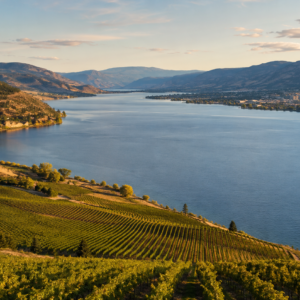 Elevated view of terraced vineyards sloping down to Okanagan Lake near Penticton, BC at golden hour