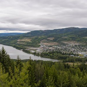 Elevated view over pine forest looking down on the Fraser River winding through the town of Quesnel, BC, under an overcast sky