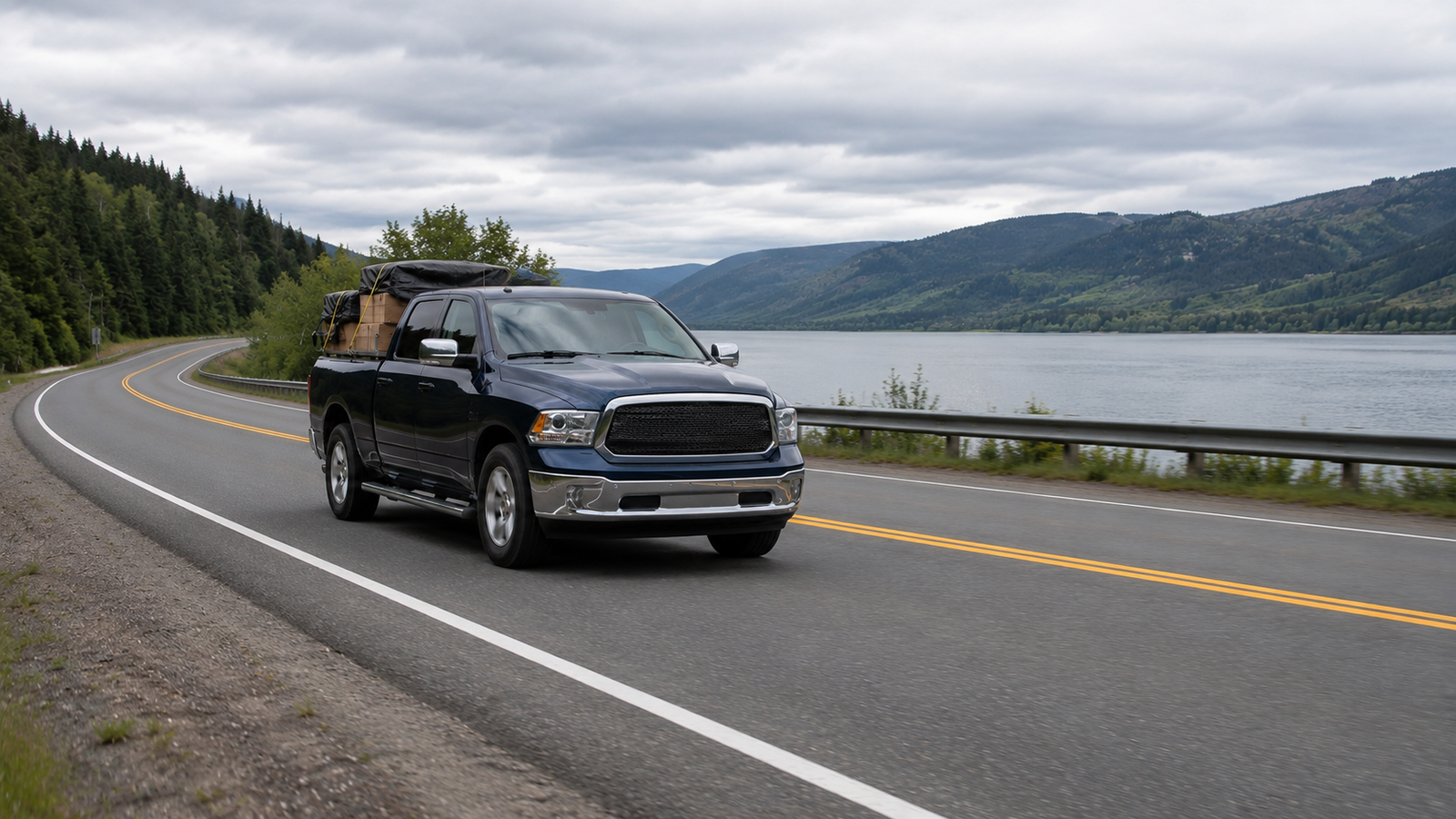 Canyon Runner Hotshot navy blue pickup truck driving on a curving riverside road near Quesnel, BC