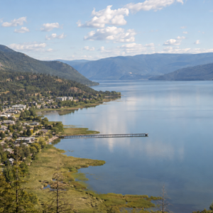 Elevated view over Shuswap Lake with the town of Salmon Arm, BC along the shoreline