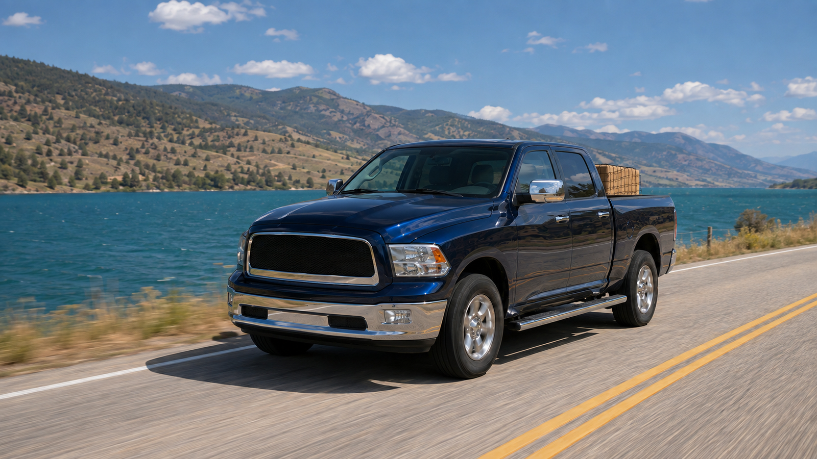 Canyon Runner Hotshot delivery truck with crated cargo parked beside Kalamalka Lake near Vernon, BC, front angle view