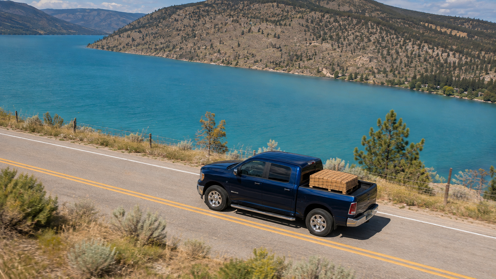 Canyon Runner Hotshot delivery truck with crated cargo driving the lakeside road near Vernon, BC, side profile view
